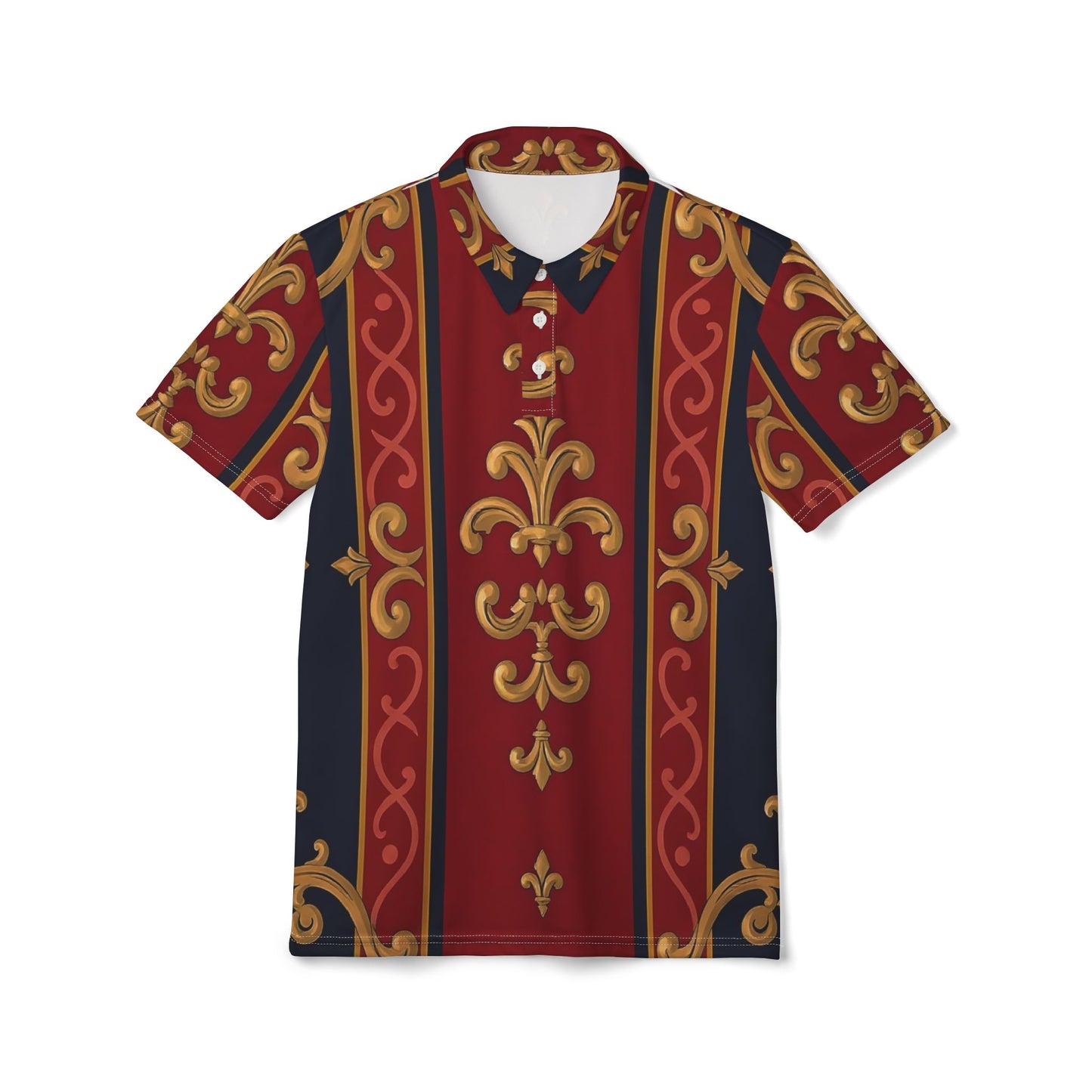 Regal Pattern Unisex Polo Shirt, Stylish Casual Wear, Gift for Fashion Lovers, Men's Polo, Special Occasions - Midnight Blue & Dusk Red Gold Baroque