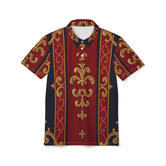 Regal Pattern Unisex Polo Shirt, Stylish Casual Wear, Gift for Fashion Lovers, Men's Polo, Special Occasions - Midnight Blue & Dusk Red Gold Baroque