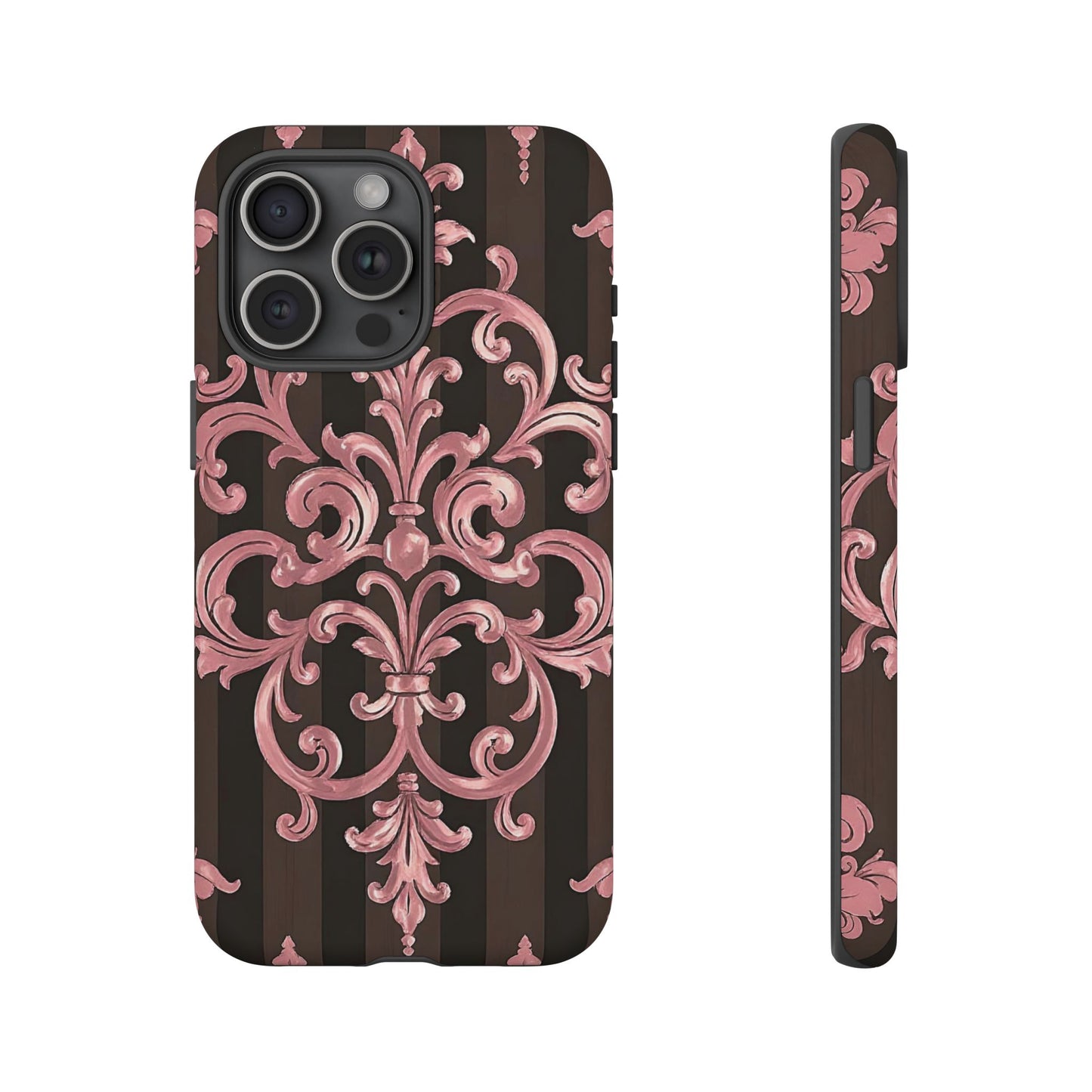 Elegant Floral Motif Phone Case - Tough Cases with Vintage Design - Brown Striped Mauve Damask