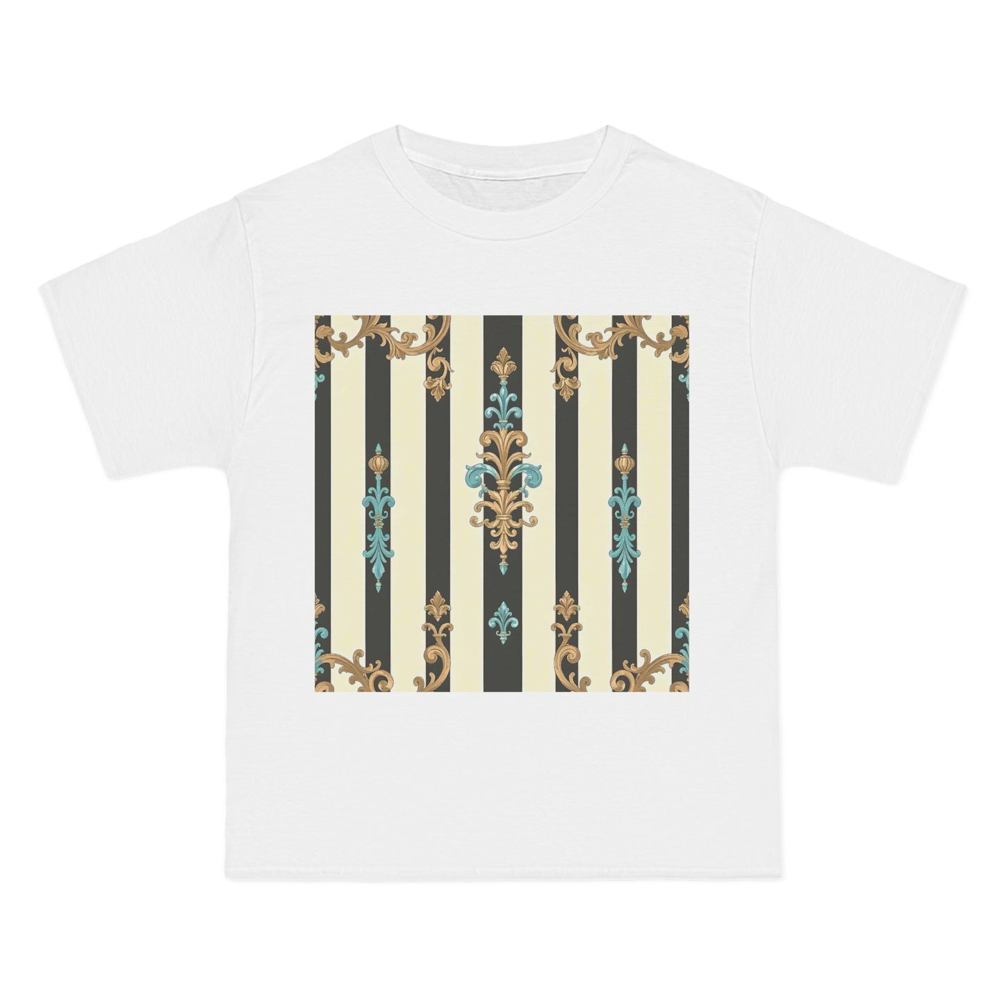 Elegant Floral Pattern Tee, Vintage Style T-Shirt, Gift for Her, Casual Outfit - Black Striped Turquoise & Black Rococo