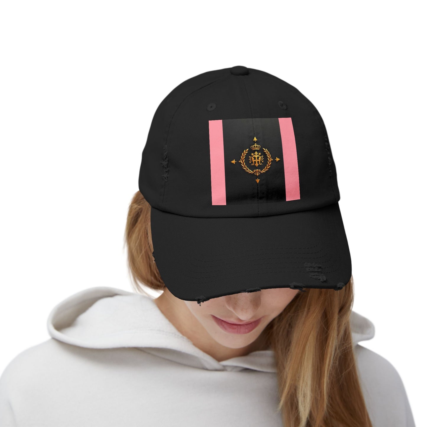 Stylish Unisex Distressed Cap with Trendy Design, Casual Accessories for Everyday Wear, Fashion Statement Cap - Pink Striped Gold Crest
