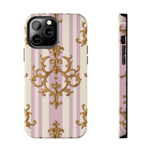 Elegant Vintage Phone Case, Tough Phone Cover, Floral Pattern Smartphone Protector, Chic Gift for Her - Lilac & Alabaster Striped Gold Baroque