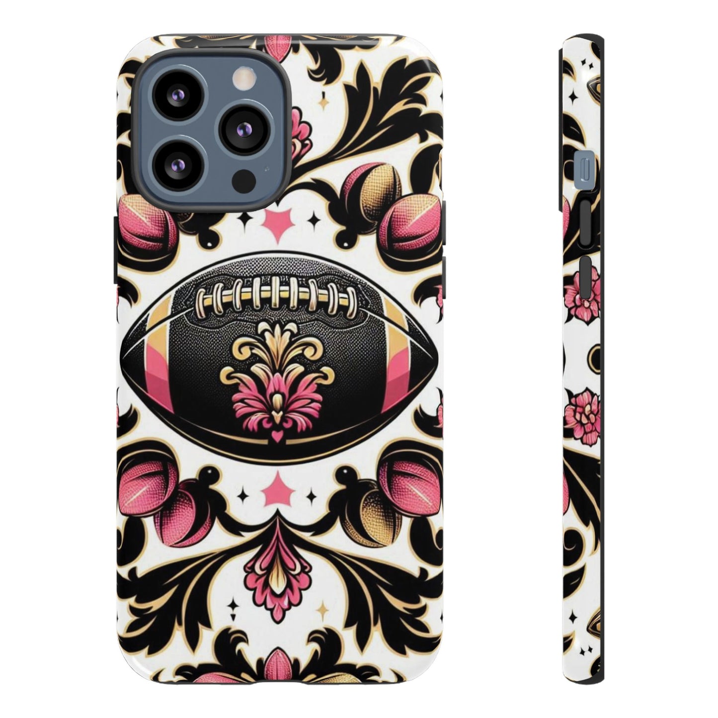 Elegant Floral Motif Phone Case - Tough Cases with Vintage Design - Damask White, Pink Gold & Black Football
