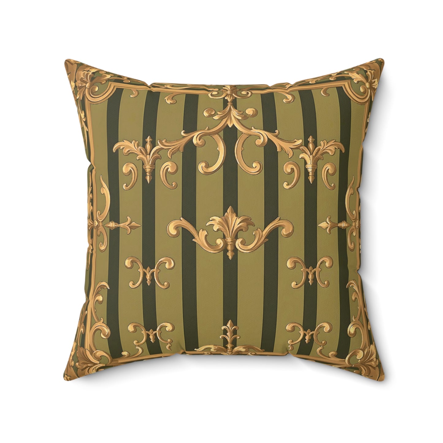 Elegant Faux Suede Square Pillow with Antique Gold Pattern, Decorative Cushion for Home Decor - Olive Green Striped Rococo