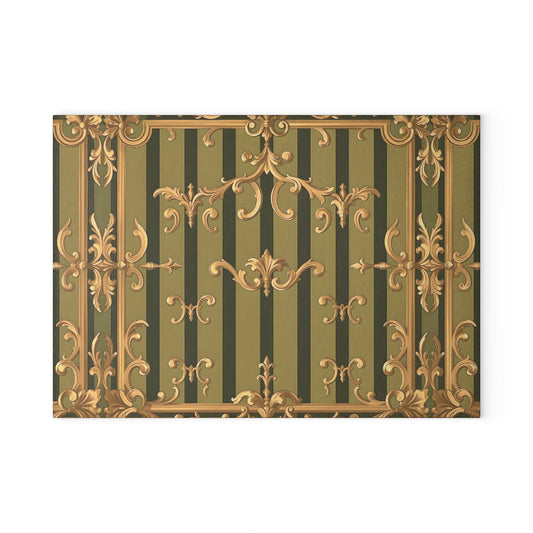Elegant Vintage Glass Cutting Board | Kitchen Decor, Wedding Gift, Home Chef Gift - Olive Green Striped Rococo