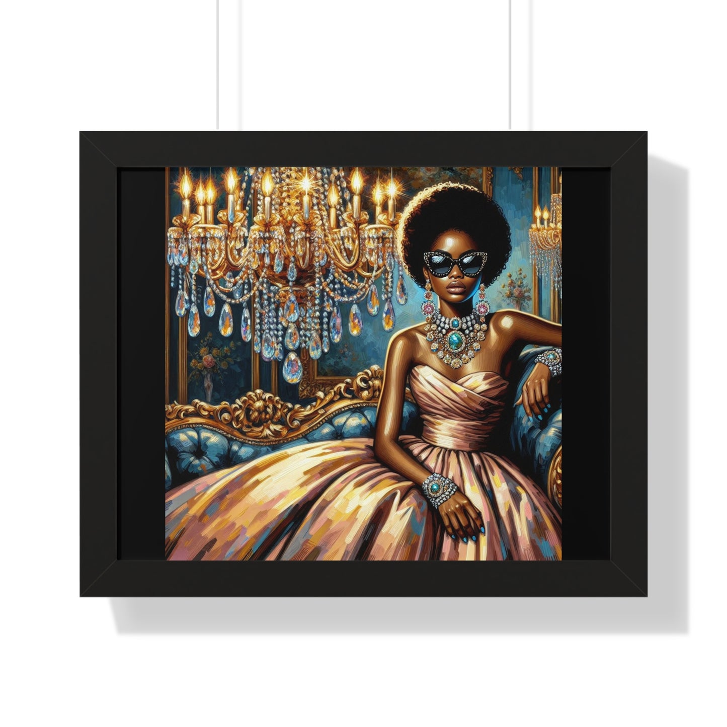 Elegant Framed Art Print | Chic Home Décor, Wall Art for Living Room, Unique Gift, Glamorous Aesthetic, Fashionable - Elegant Lady & Chandelier