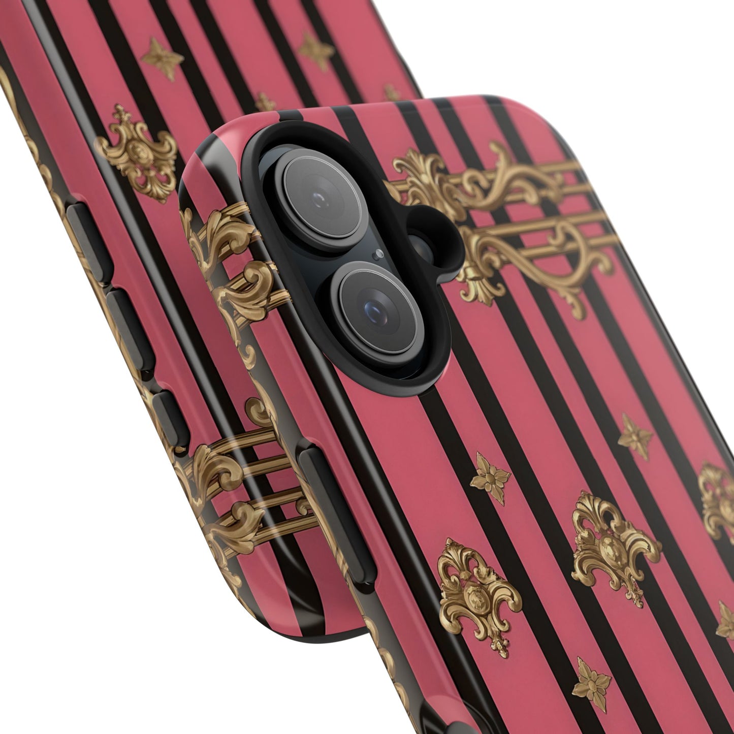 Elegant Floral Phone Cases, Stylish Protective Case for Trendy Individuals, Unique Gift for Tech Lovers, Phone Accessories - Pink Striped Gold Rococo