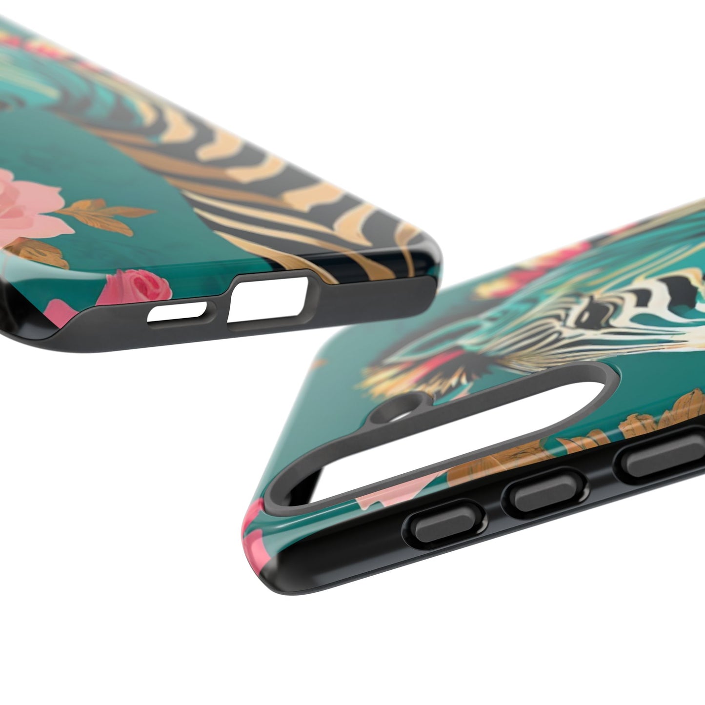 Phone Case - Elegant Teal & Gold Zebra & Roses Design