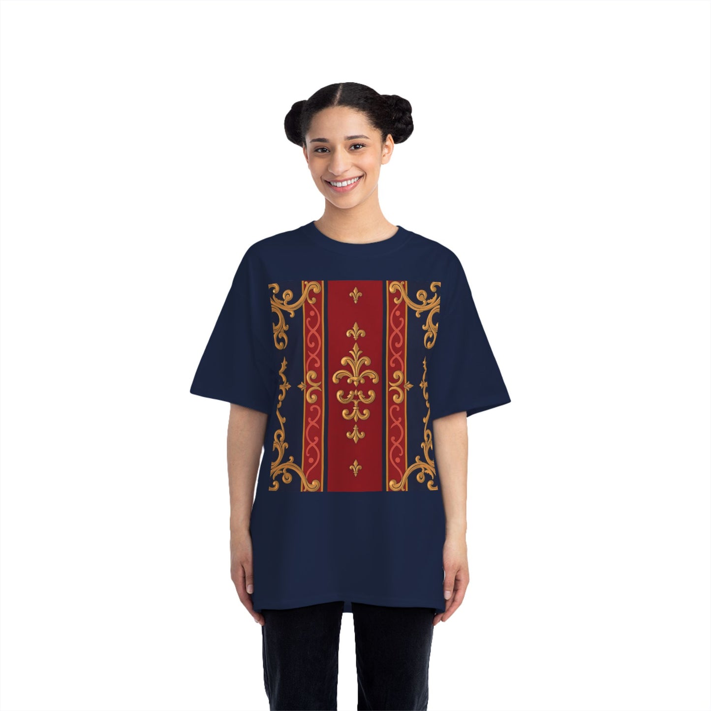 Elegant Patterned Short-Sleeve T-Shirt, Stylish Tee, Vintage Design Top, Casual Wear, Fashionable Gift - Midnight Blue & Dusk Red Gold Baroque