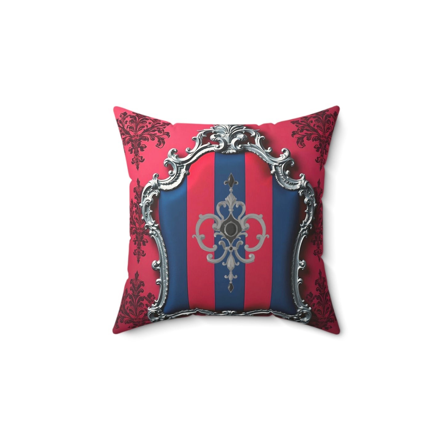 Luxurious Faux Suede Square Pillow with Elegant Pattern, Home Decor, Sofa Accent, Living Room Accent - Blue & Red Striped Silver Crest