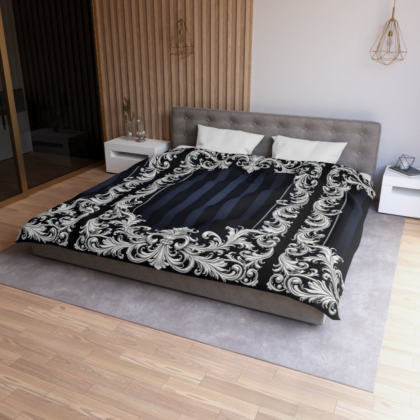 Navy Stripes & Baroque Microfiber Duvet Cover