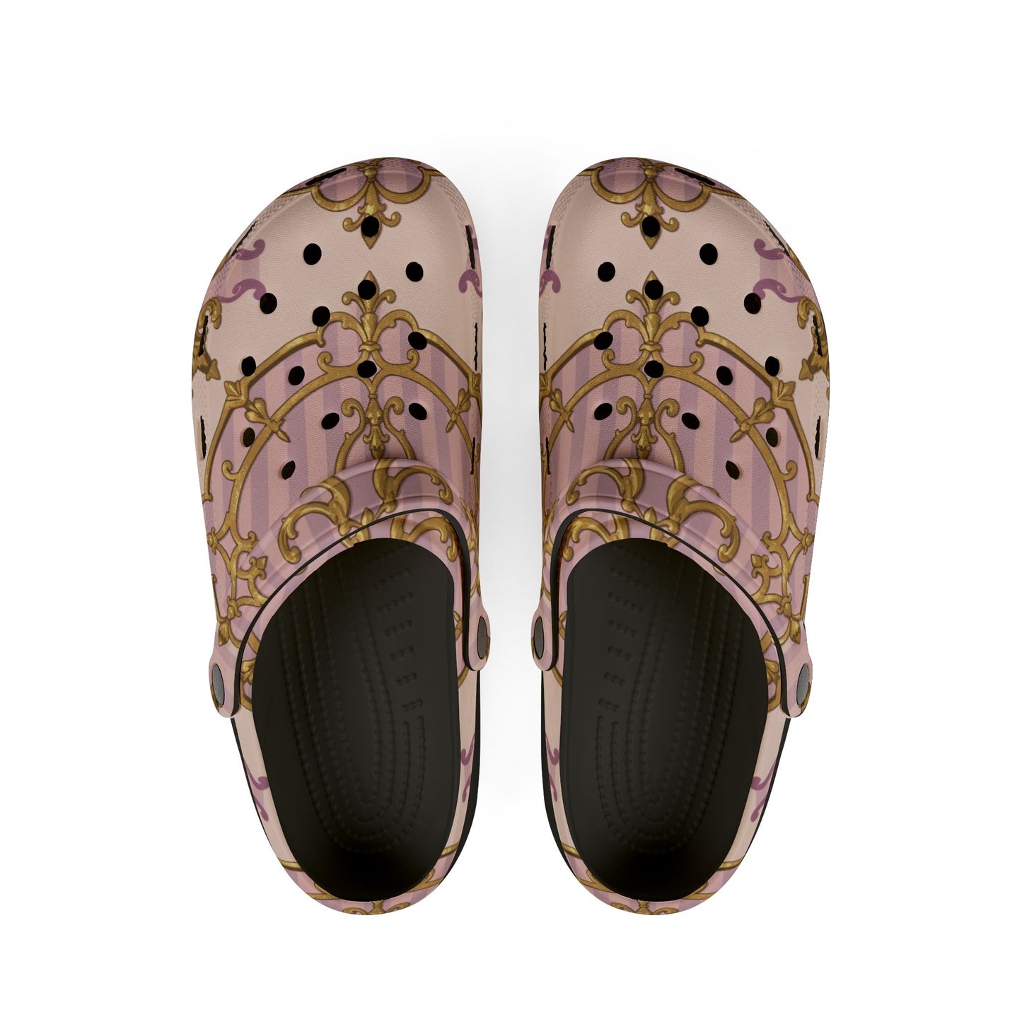 Chic Lavender & Alabaster Striped Gold Baroque Clogs for Comfort Lovers, Trendy Slip-On Shoes, Perfect for Home, or Casual Outings, Gift for Her