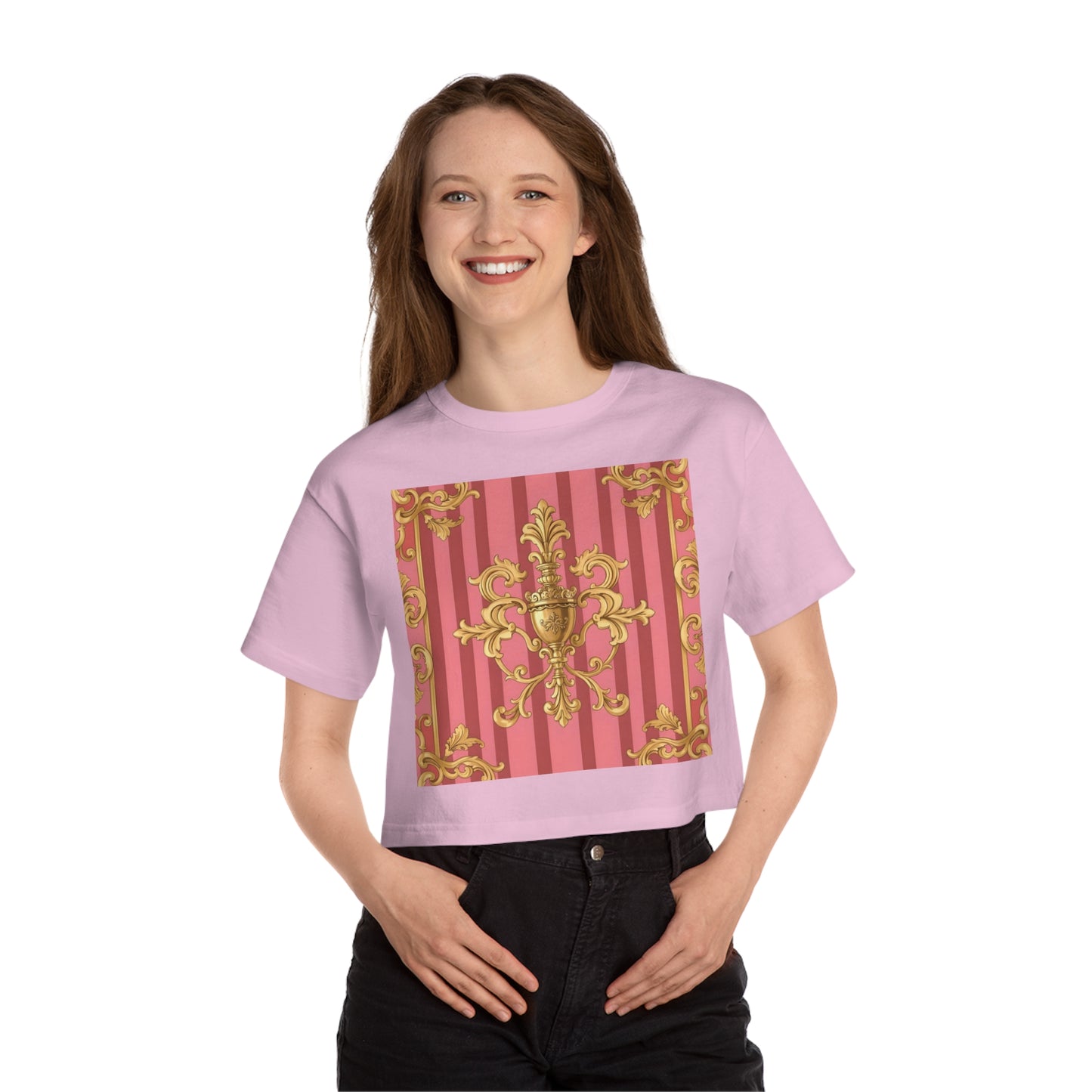 Chic Cropped T-Shirt, Elegant Fashion Top, Vintage Style Tee, Spring/Summer Casual Wear, Trendy Graphic Shirt - Pink Striped Gold Baroque
