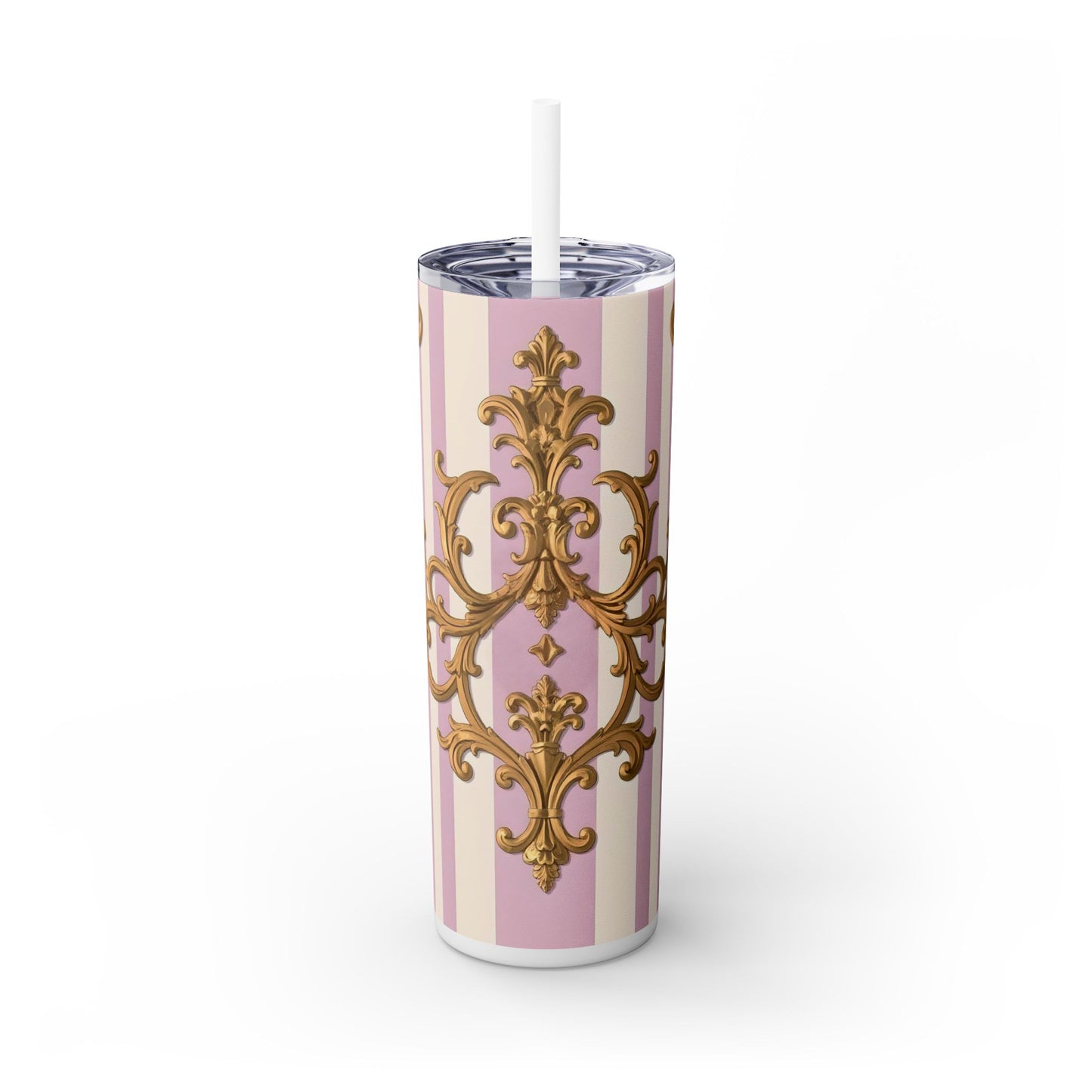 Elegant Pink Tumbler, Gold Patterned Travel Cup, Insulated Drink Holder, Stylish Coffee Tumbler - Lilac & Alabaster Striped Gold Baroque