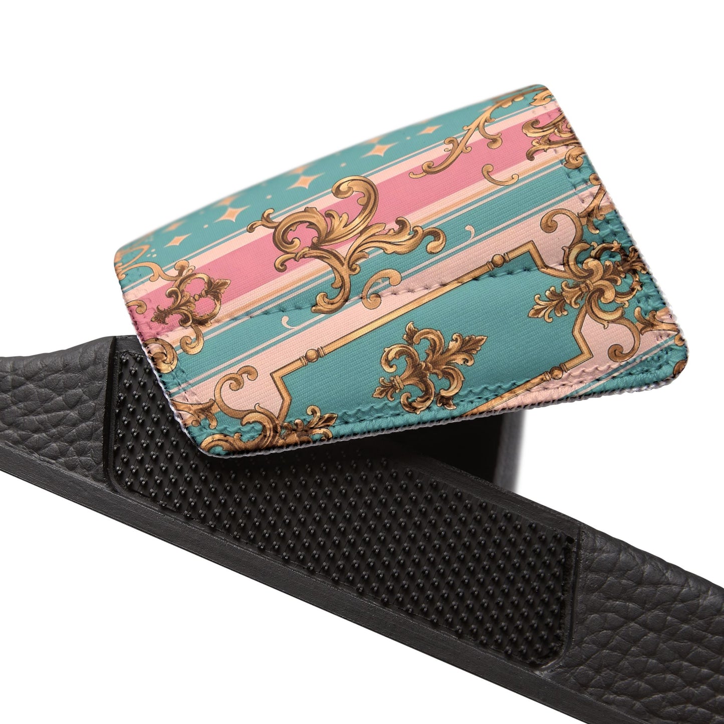 Stylish Women's Removable-Strap Sandals, Trendy Summer Footwear, Comfortable Beach Slides - Pink & Matte Turquoise Striped Rococo