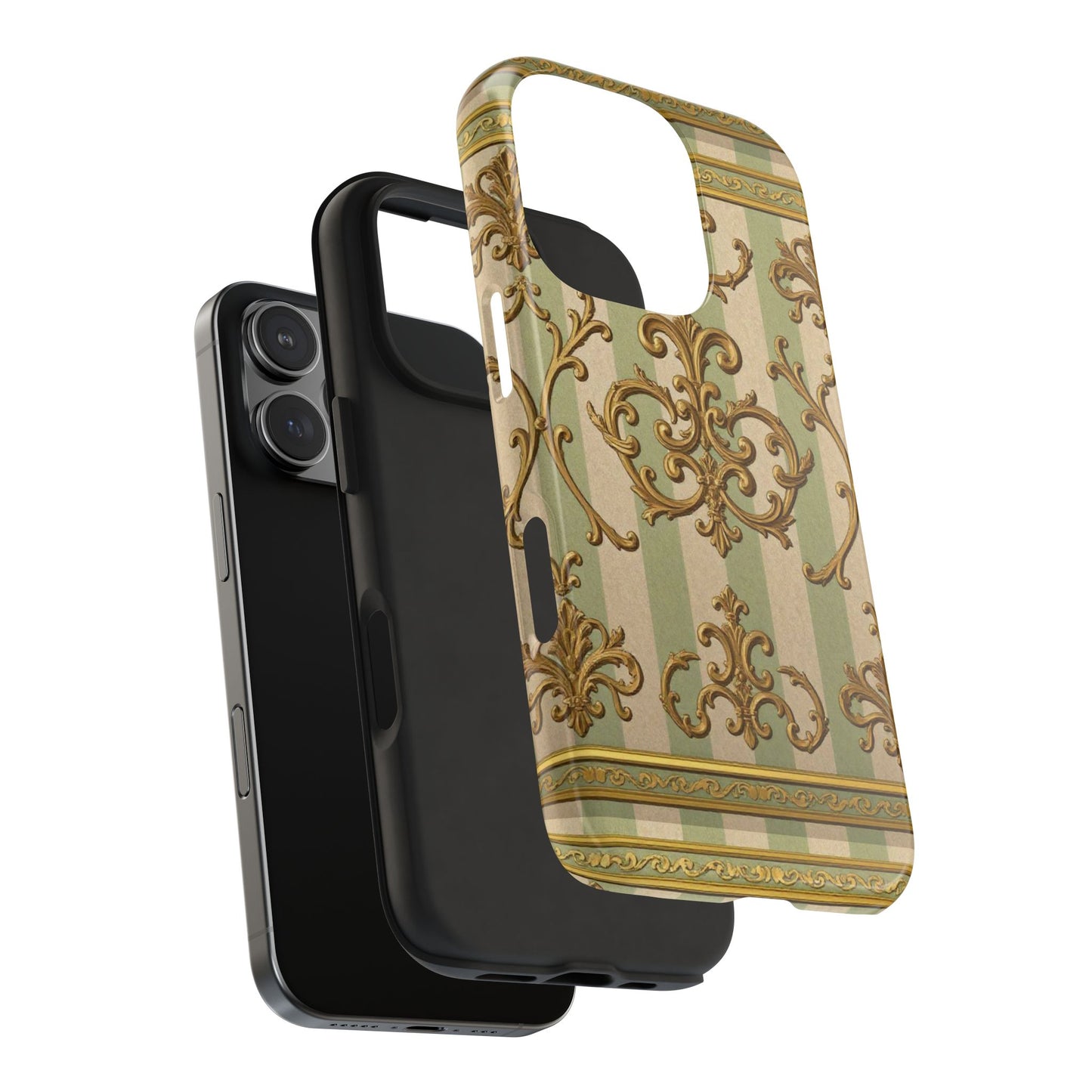 Vintage Elegance Phone Case, Tough Phone Cases for Style, Gift for Birthdays, Stylish Protection - Mint Green & Beige Striped Gold Baroque