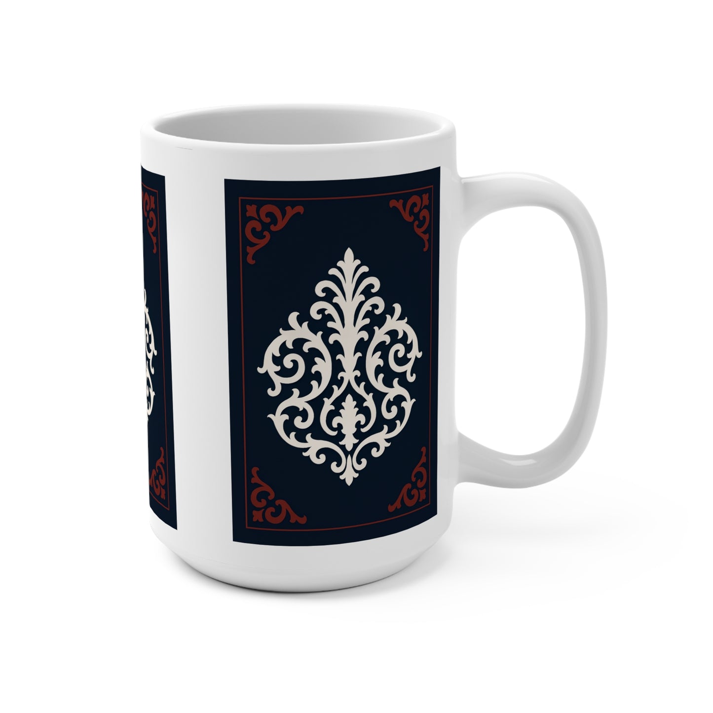 Dusk Blue-Maroon & White Baroque 15oz Ceramic Mug — Dusk Blue Vintage Baroque Ornament Design