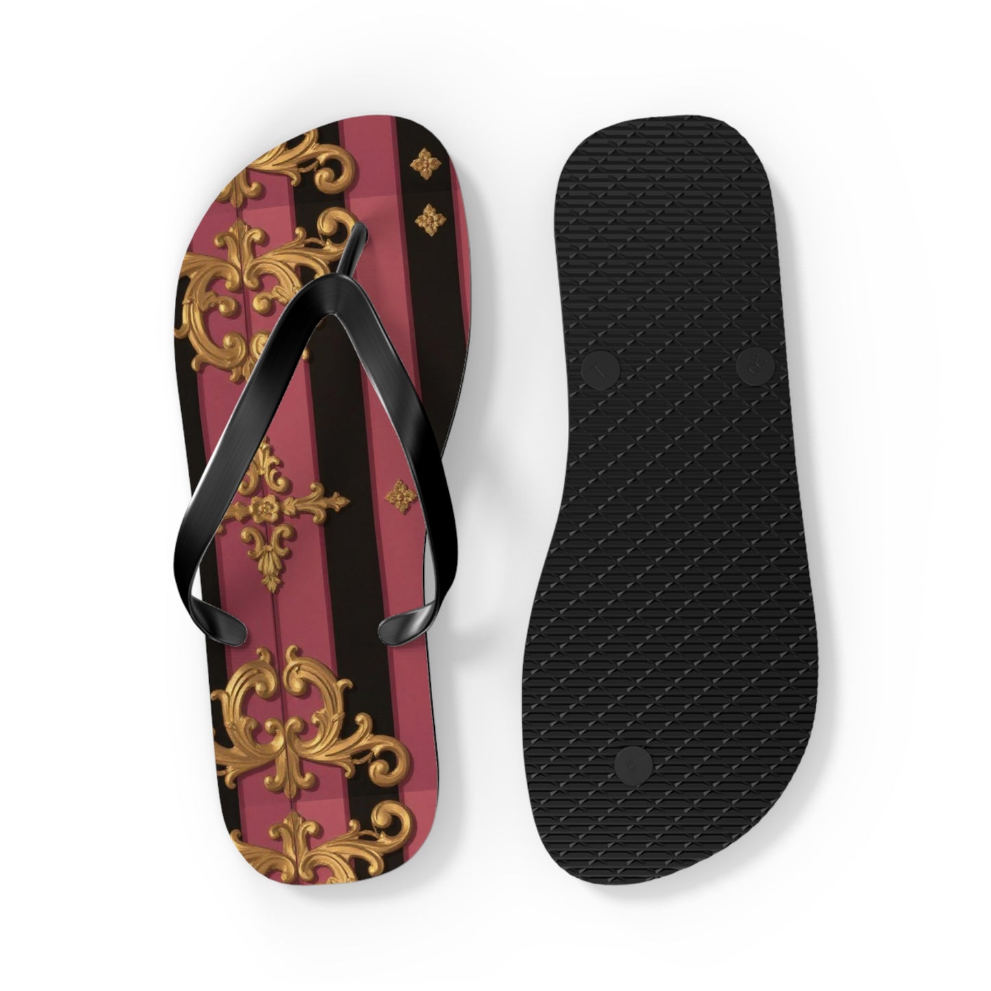 Elegant Black & Mauve Striped Gold Baroque Flip Flops, Chic Footwear for Summer, Pool Parties, Beach Days, Vacation Essentials