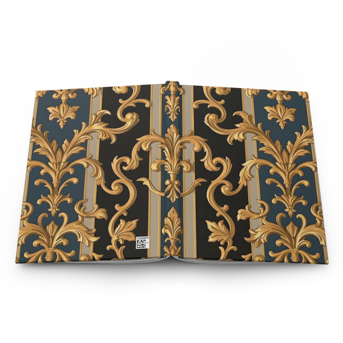 Elegant Gold Floral Hardcover Journal - Premium Notebook, Luxury Diary, Gift for Writers, Art Enthusiasts - Blue & Black Striped Rococo