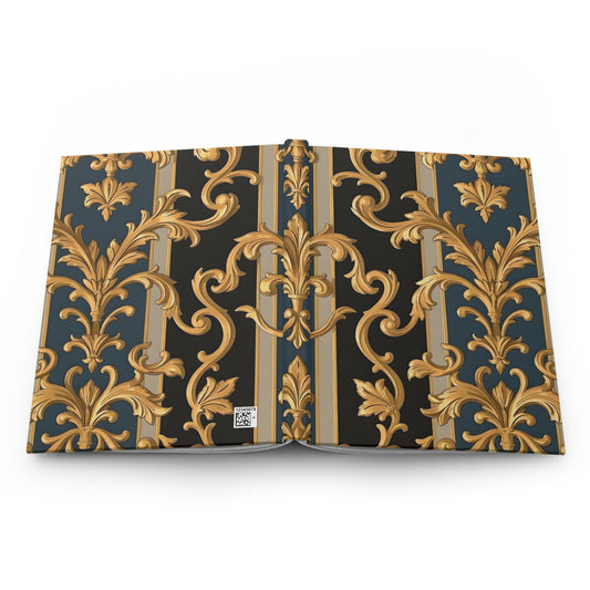 Elegant Gold Floral Hardcover Journal - Premium Notebook, Luxury Diary, Gift for Writers, Art Enthusiasts - Blue & Black Striped Rococo