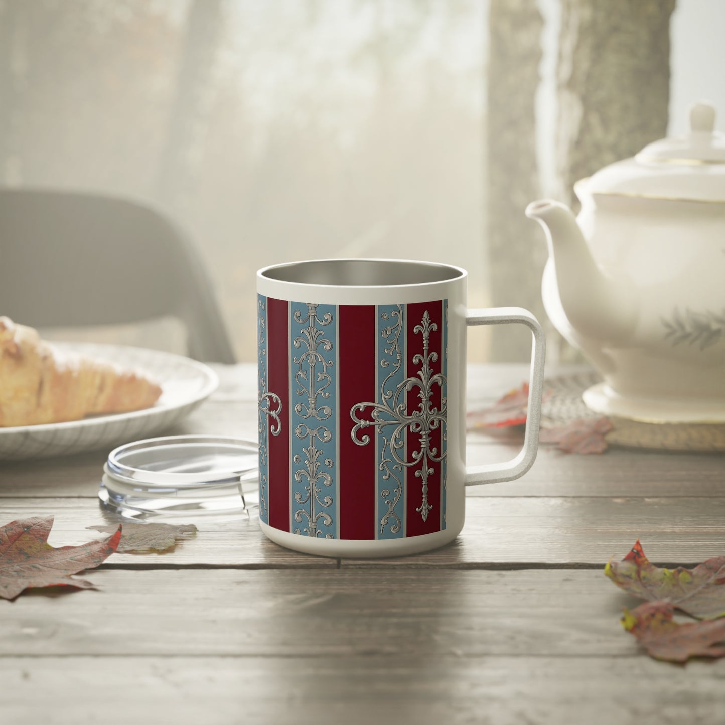 Elegant Insulated Coffee Mug - 10oz Decorative Travel Cup - Ice Blue & Burgundy Striped Baroque