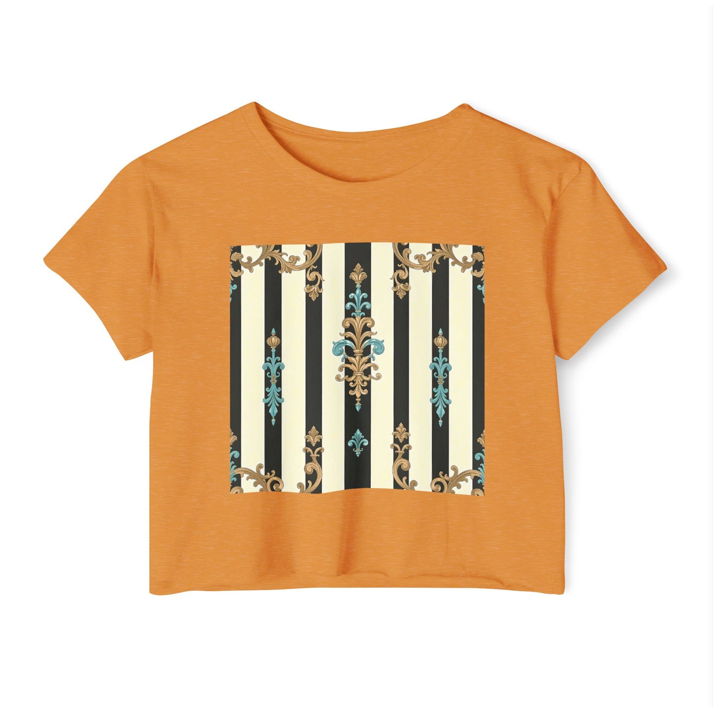 Bohemian Festival Crop Top, Stylish Summer Tee, Casual Day Out Shirt, Trendy Women’s Apparel - Black Striped Turquoise & Black Rococo