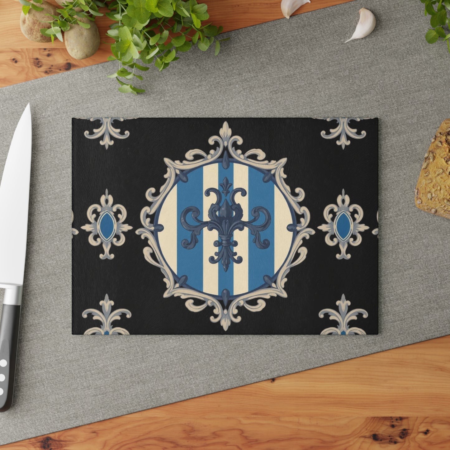 Elegant Blue & Alabaster Striped Baroque Glass Cutting Board, Kitchen Decor, Housewarming Gift, Wedding Gift, Chef's Gift, Cooking Accessory