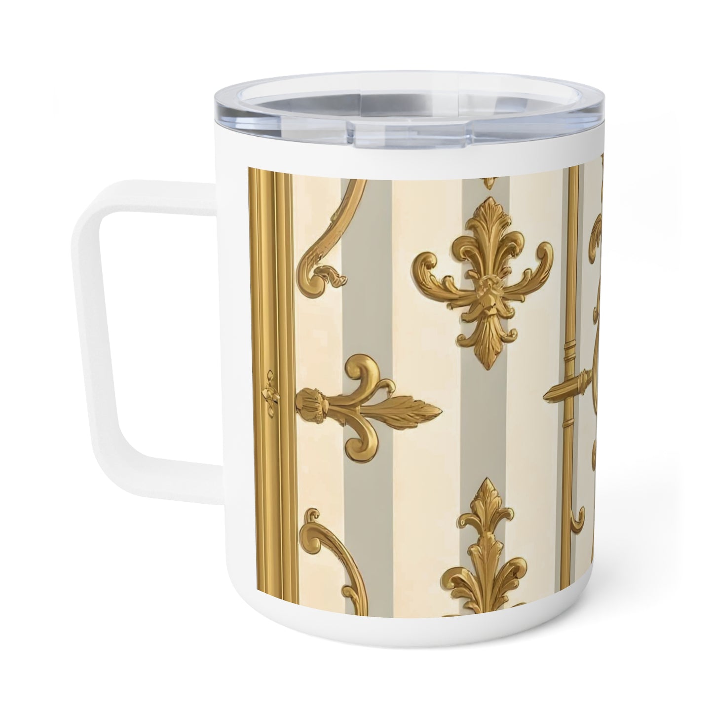 Elegant Gold Trim Insulated Coffee Mug, 10oz | Luxurious Gift, Decorative Drinkware, Home Office - Matte Gray & Cream Striped Gold Baroque