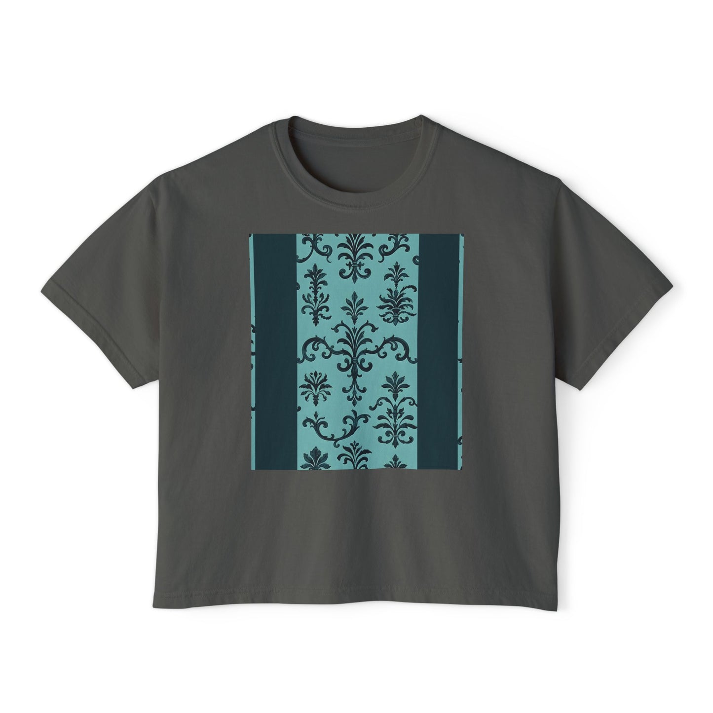Women's Boxy Tee with Vintage Floral Design, Casual Top, Everyday Wear, Gifts for Her, Summer Fashion, Vintage Style T-Shirt - Teal Striped Rococo