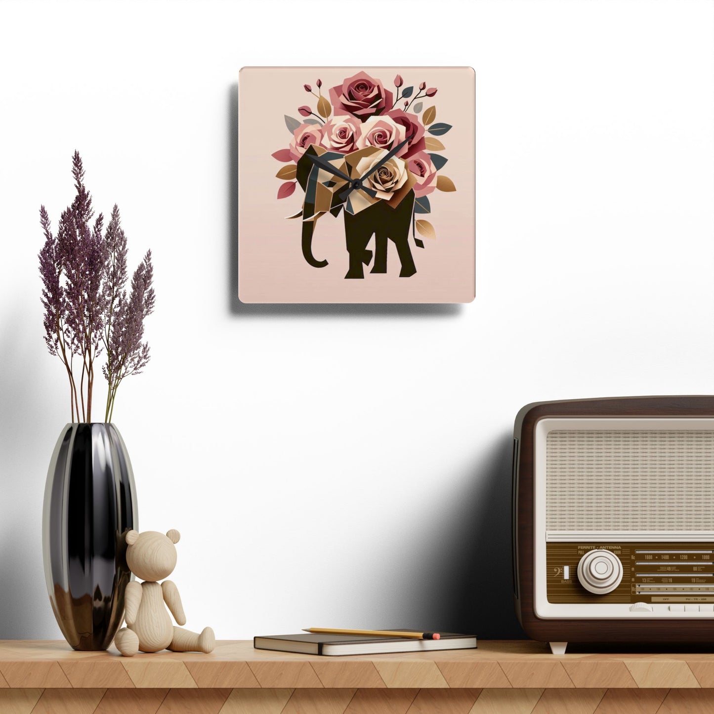 Bohemian Elephant-Inspired Acrylic Wall Clock with Floral Design -  Black & Gold Elephant & Roses Design
