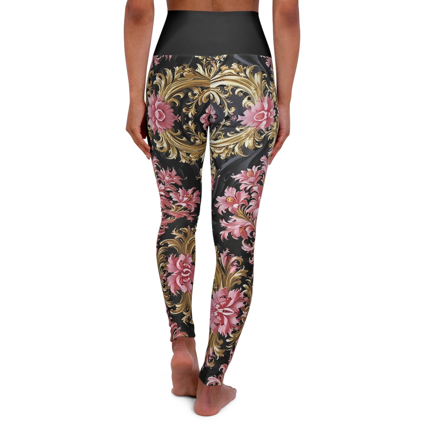 Chic Floral High Waisted Yoga Leggings, Activewear, Fitness Apparel, Exercise Pants, Yoga Gear, Gift for Her - Black & Pink Oil Painting Style Rococo