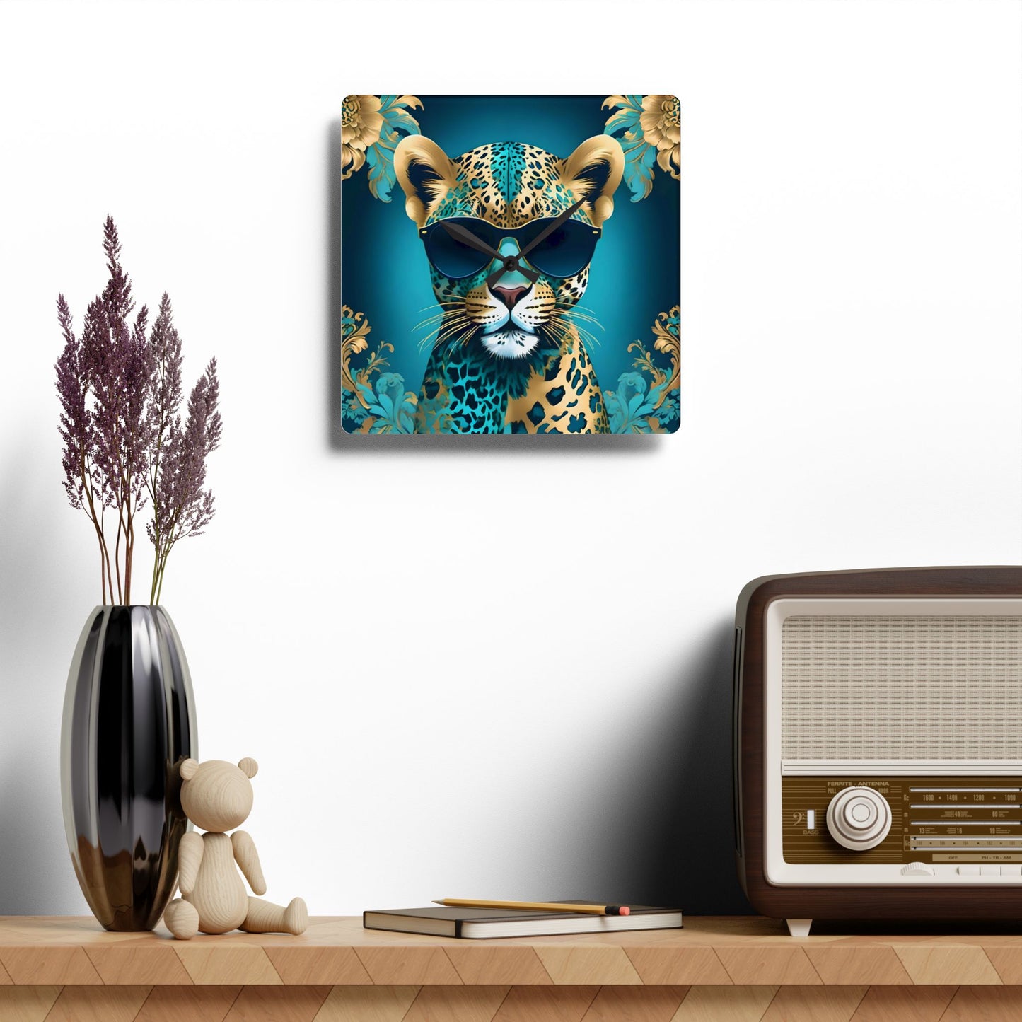 Animal Lover Wall Clock - Aqua & Gold Leopard In Shades - Fun & Elegant Art Design