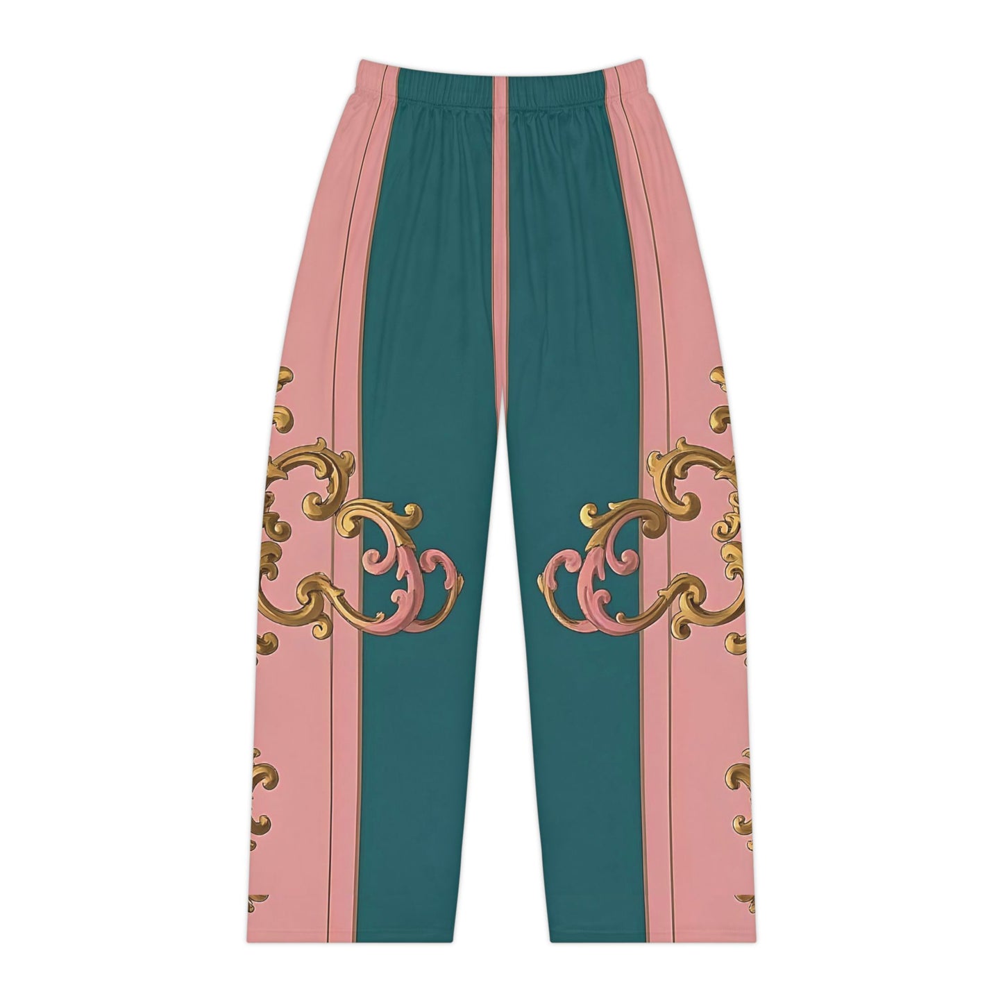 Elegant Floral Women's Pajama Pants, Cozy Loungewear, Gift for Her, Relaxation, Sleepwear - Pink & Teal Striped Gold Baroque