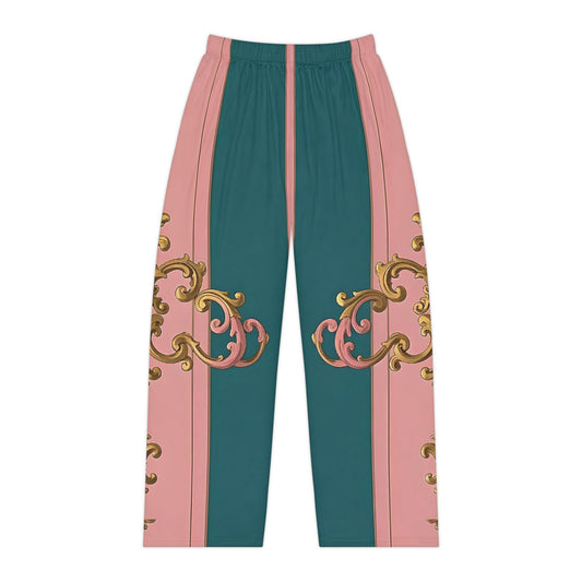 Elegant Floral Women's Pajama Pants, Cozy Loungewear, Gift for Her, Relaxation, Sleepwear - Pink & Teal Striped Gold Baroque