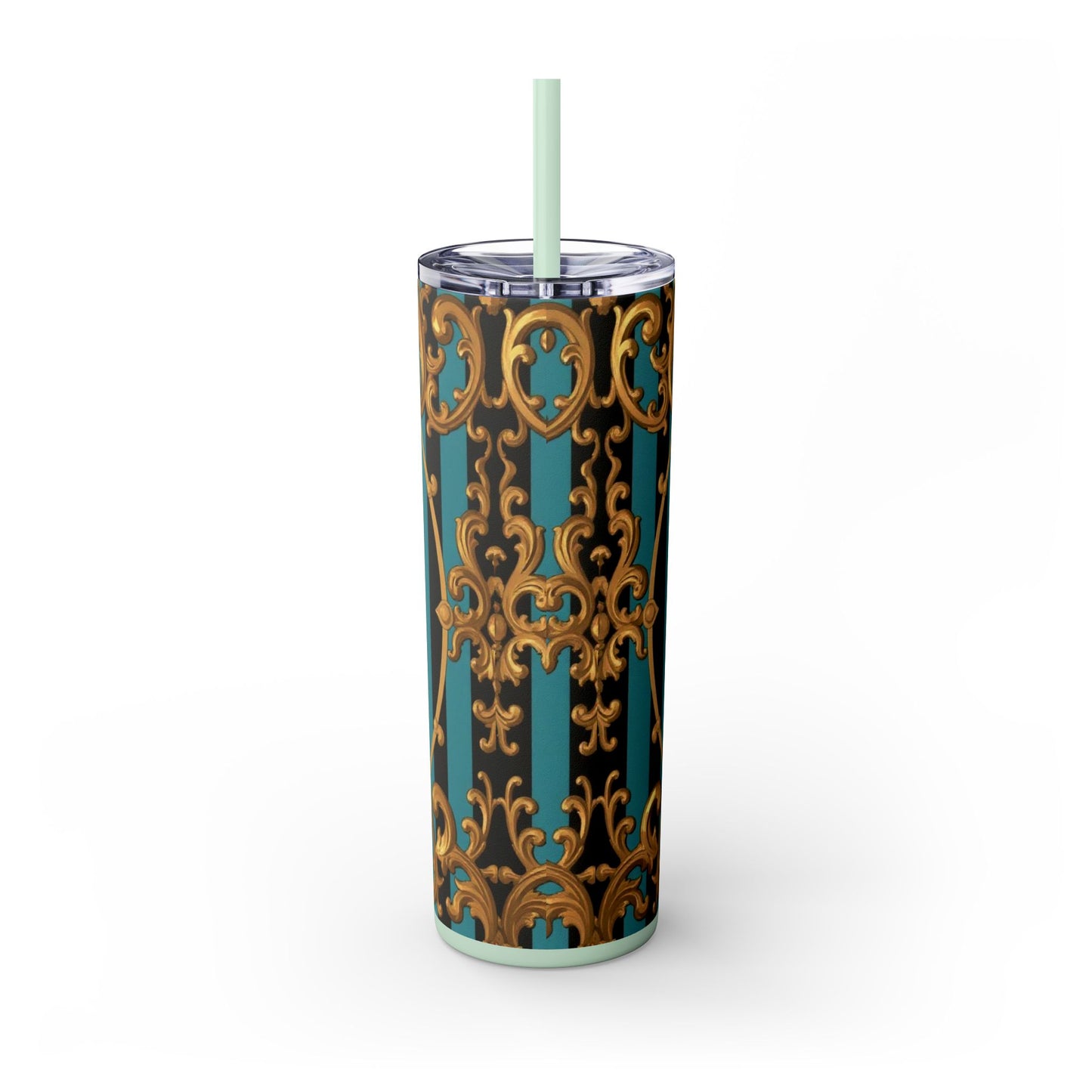 Elegant Turquoise & Black Striped Gold Baroque Skinny Tumbler with Straw, 20oz, Stylish Travel Mug, Party Favor, Birthday Gift, Drinkware