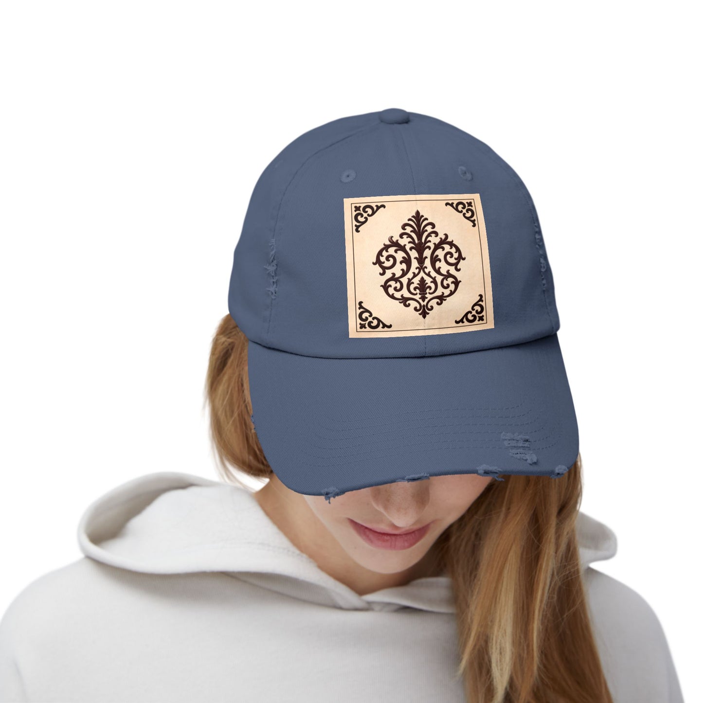 Almond-Beige & Brown Baroque Distressed Cap with Vintage Baroque Patch