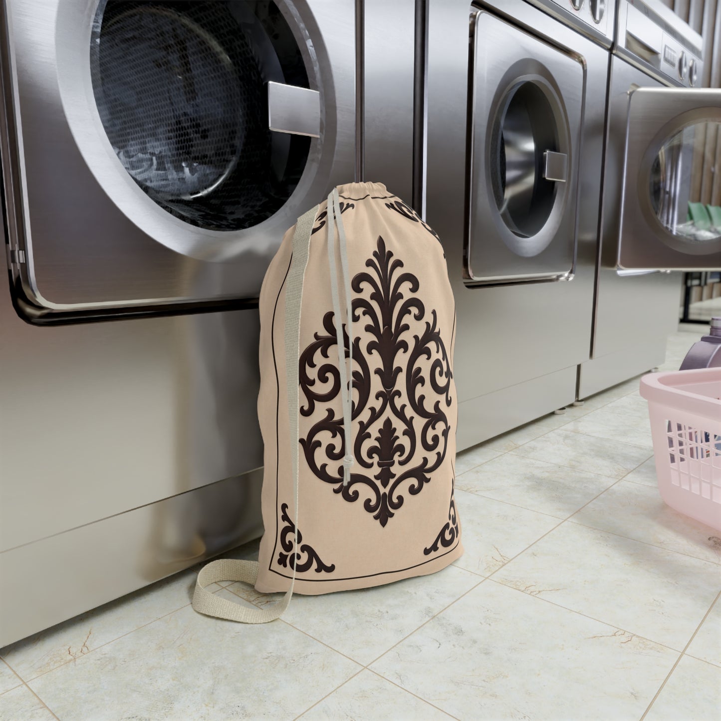 Almond-Beige & Brown Baroque Laundry Bag — Cotton Hamper Tote with Drawstring
