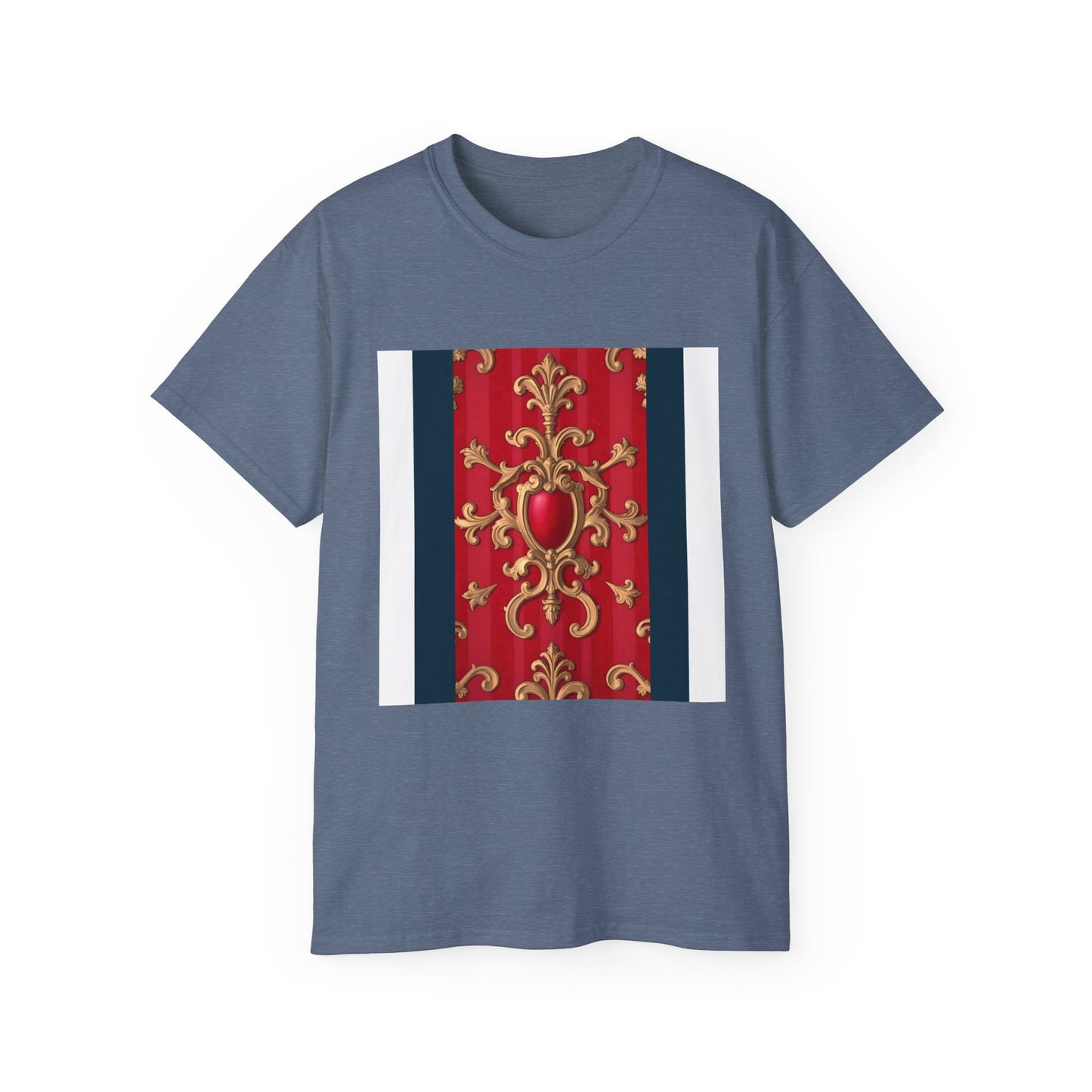 Regal Red Baroque T-Shirt, Artistic Tee, Gift for Art Lovers, Fashionable Statement Shirt, Unique Graphic Top - Blue, Red & White Striped Baroque