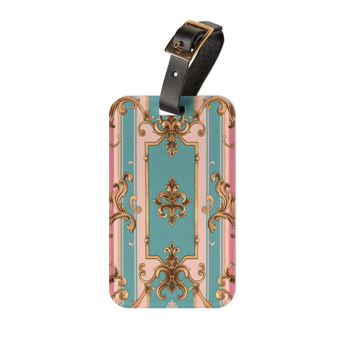Elegant Travel Luggage Tag - Vintage Chic Design for Stylish Travelers, Personalized Baggage Identifier - Pink & Matte Turquoise Striped Rococo