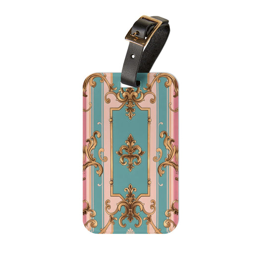 Elegant Travel Luggage Tag - Vintage Chic Design for Stylish Travelers, Personalized Baggage Identifier - Pink & Matte Turquoise Striped Rococo