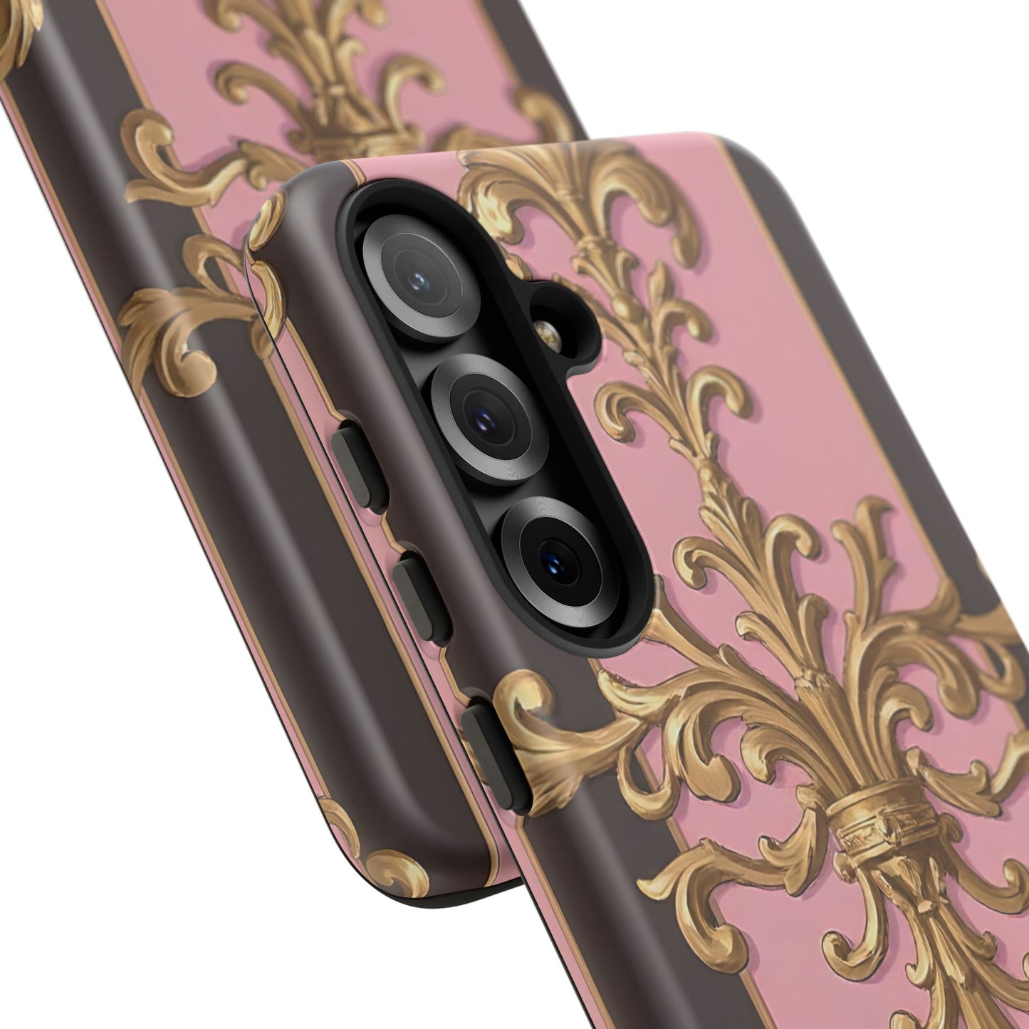 Elegant Floral Motif Phone Case - Tough Cases with Vintage Design - Pink & Brown Striped Gold Damask