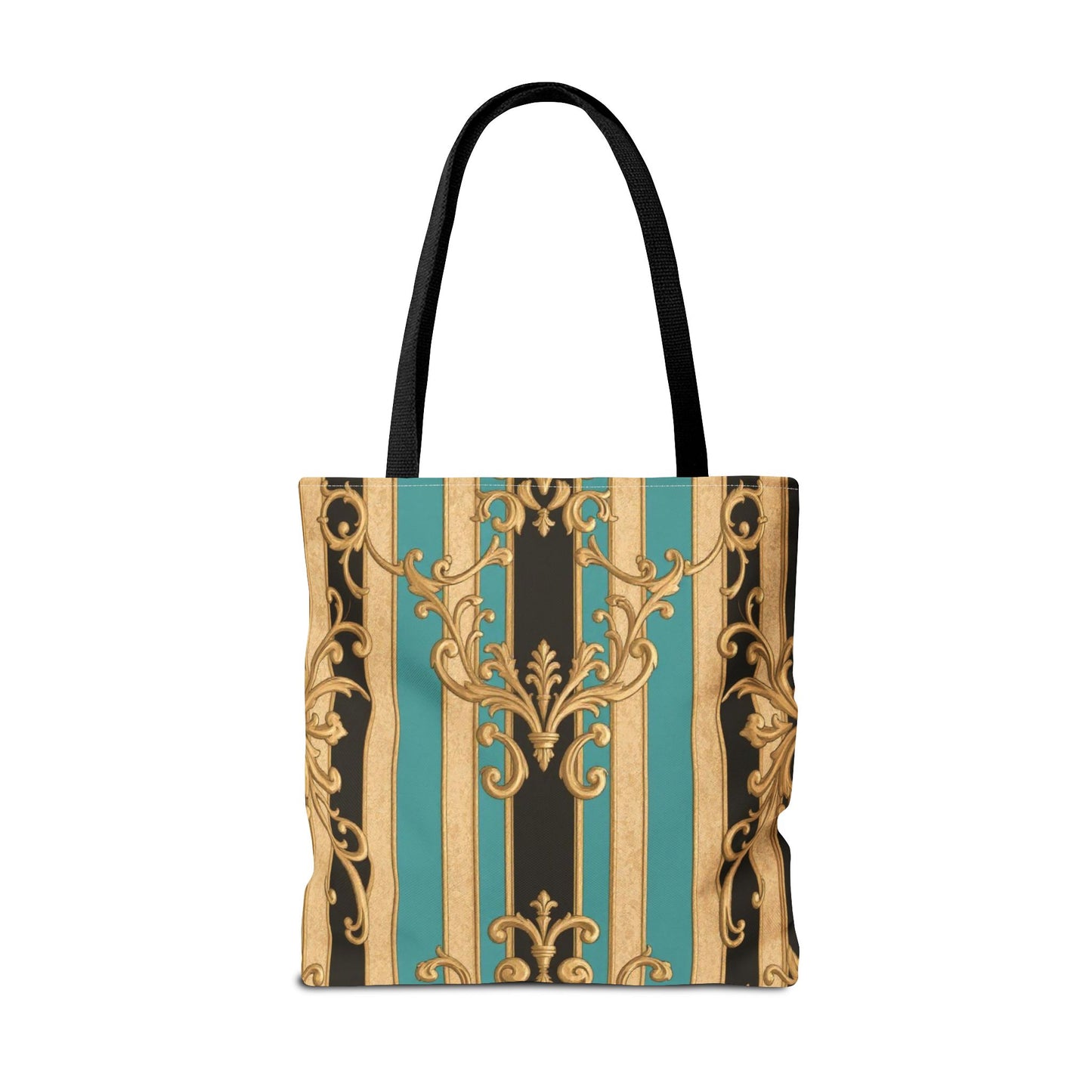 Elegant Black, Tan & Ocean Green Striped Gold Baroque Vintage Pattern Tote Bag, Stylish Carryall, Fashionable Handbag, Perfect Gift for Mother’s Day