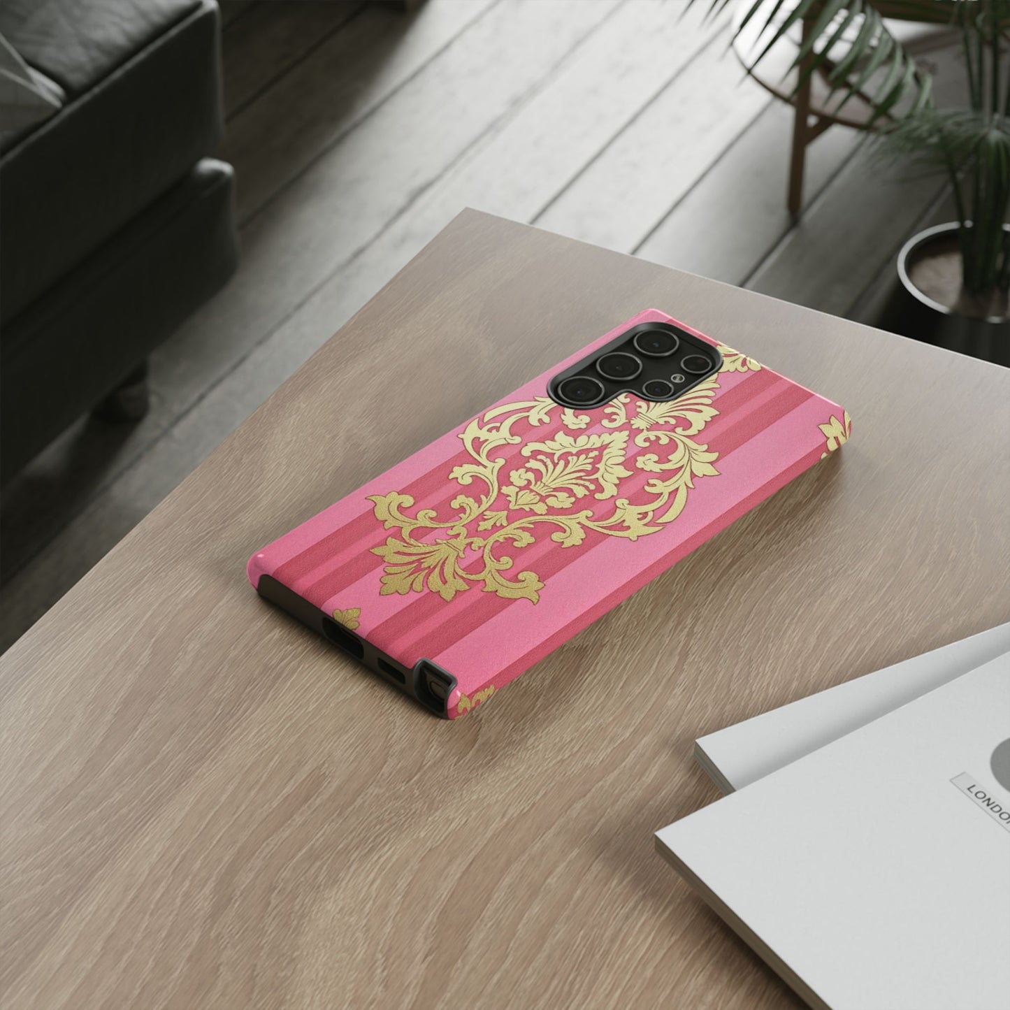 Elegant Floral Motif Phone Case - Tough Cases with Vintage Design - Pink Striped Damask