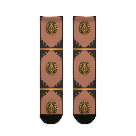 Mauve & Black-Gold Baroque Decorative Medallion Crew Socks — Vintage Baroque Sublimation Design