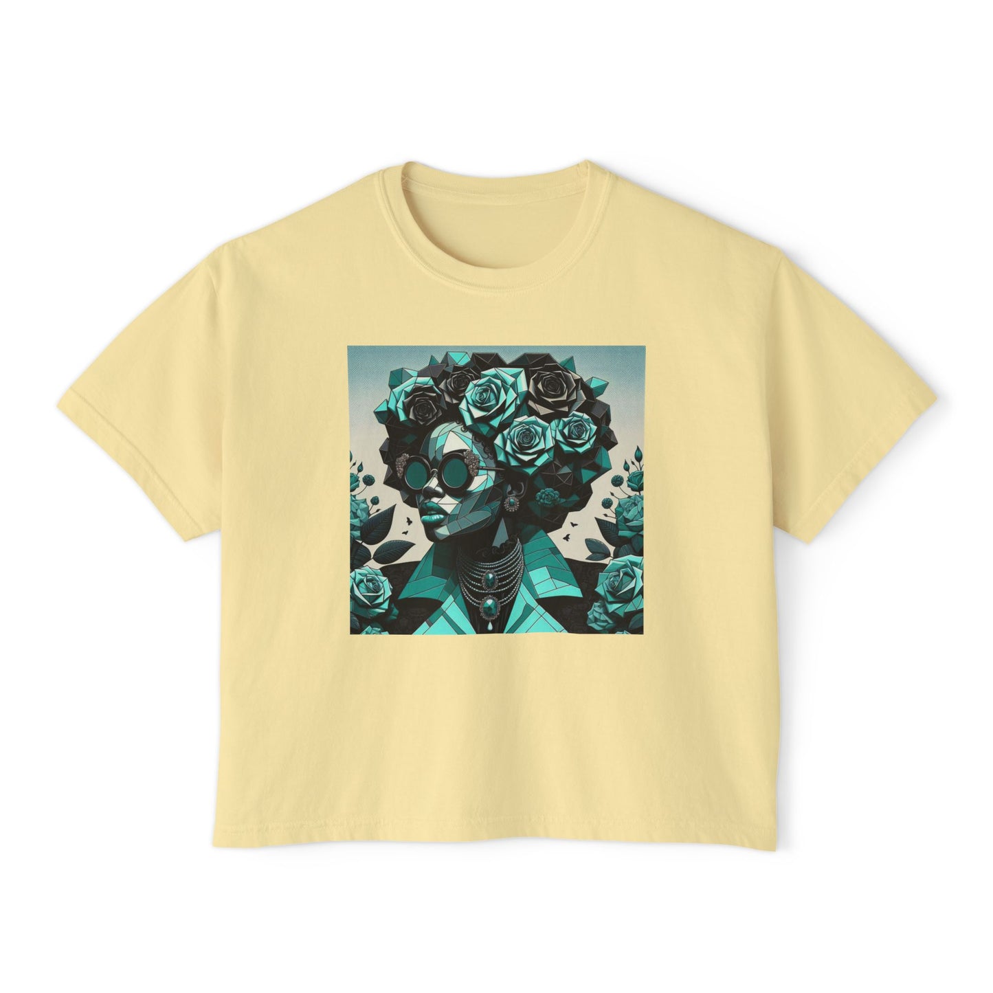 Floral Skull Women's Boxy Tee, Casual Outfit, Graphic Tee, Festival Fashion, Gift for Her - Turquoise & Black Roses Lady