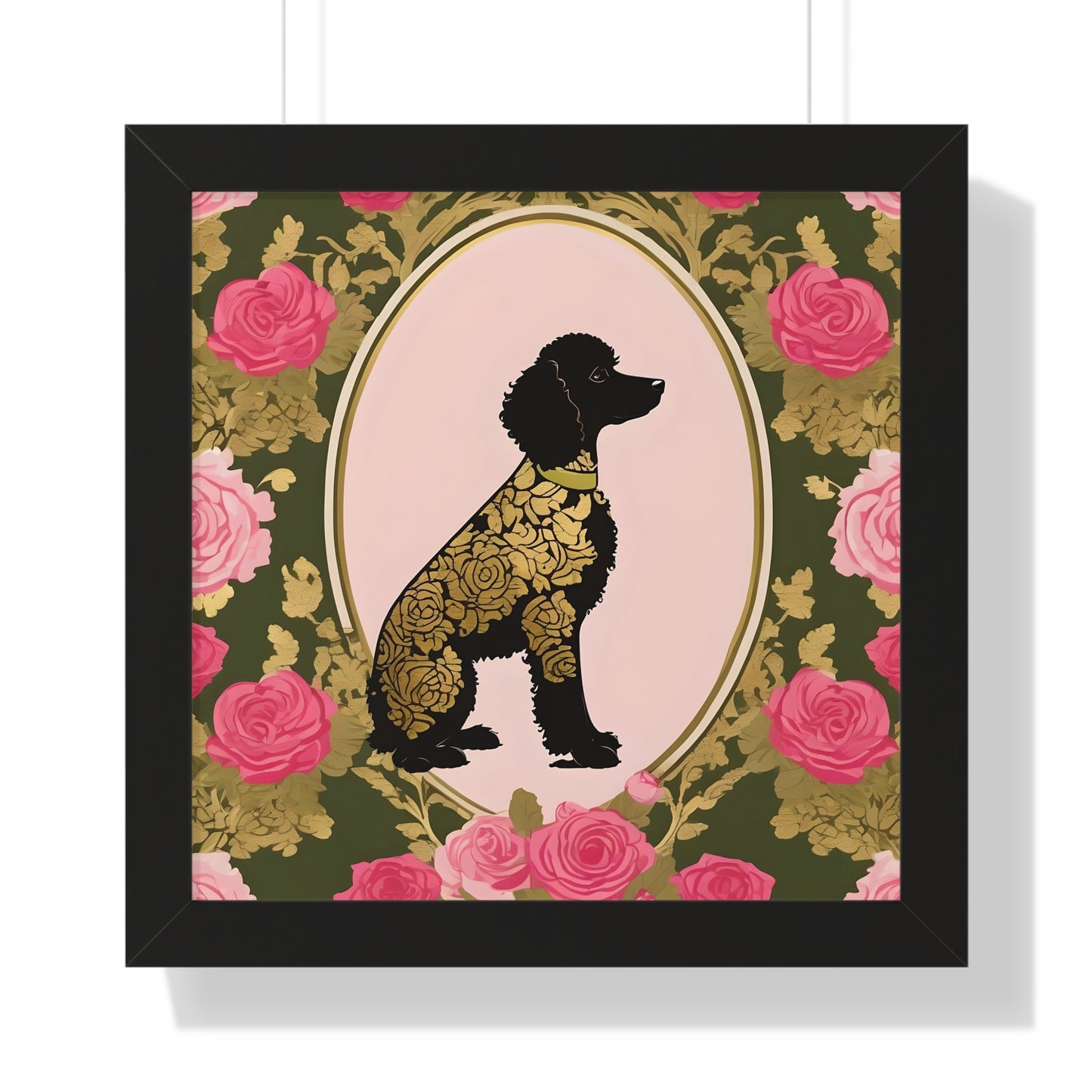 Vertical Poster - Stylish Framed - Art for Home Decor - Damask Black & Gold Poodle in Olive & Pink Roses