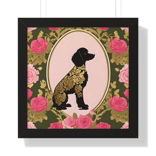 Vertical Poster - Stylish Framed - Art for Home Decor - Damask Black & Gold Poodle in Olive & Pink Roses