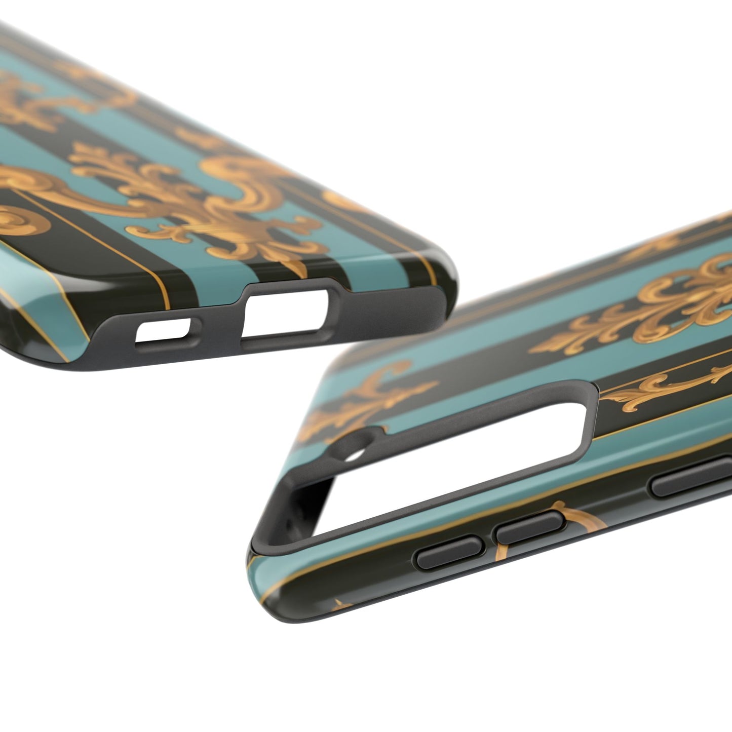 Elegant Baroque Tough Phone Case, Stylish Phone Cover, Durable iPhone Case, Unique Gift - Black & Turquoise Striped Baroque