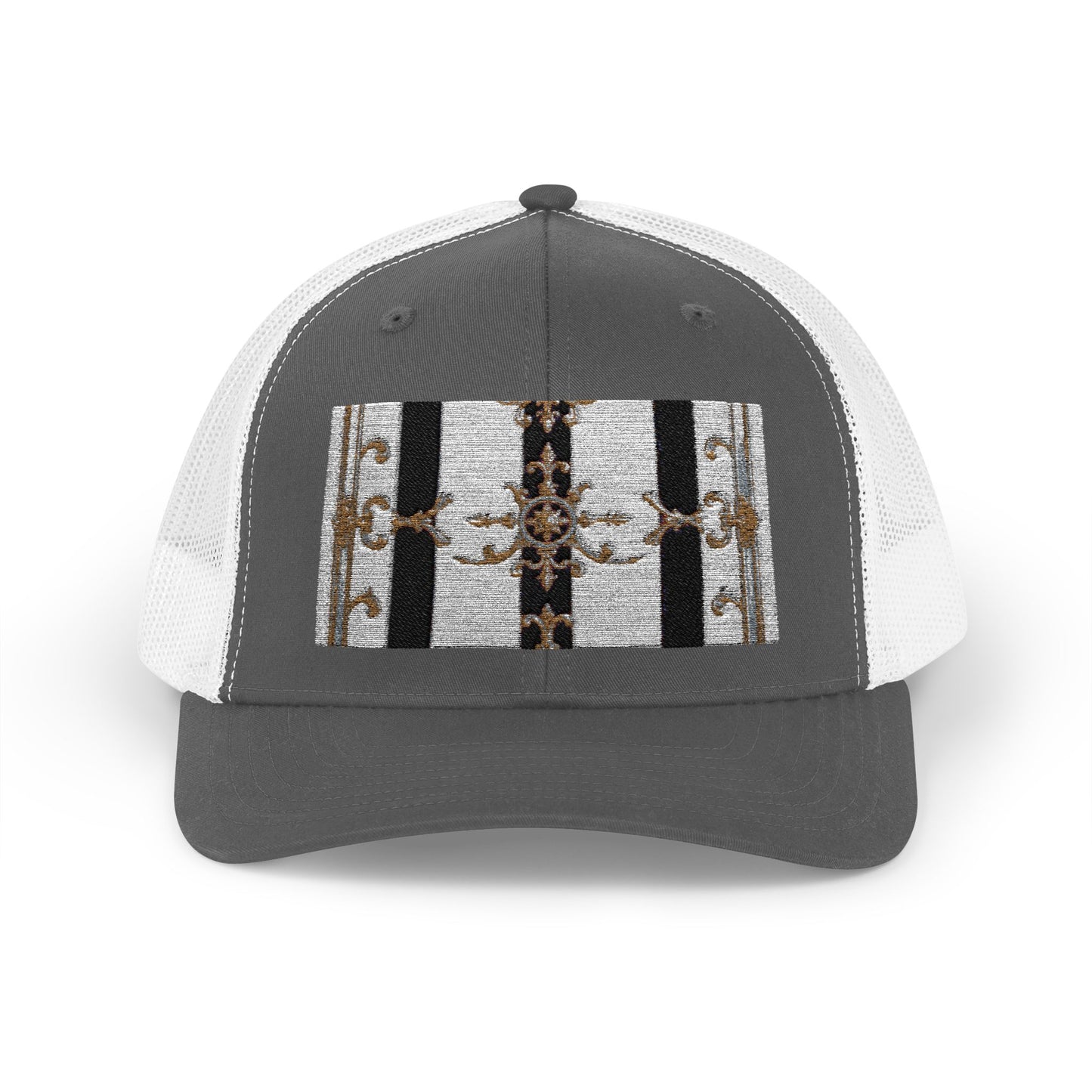 Trendy Snapback Trucker Cap, Casual Fashion Hat, Summer Accessory, Gift Idea for Cool Teens, Outdoor Activities - Black & White Striped Gold Baroque