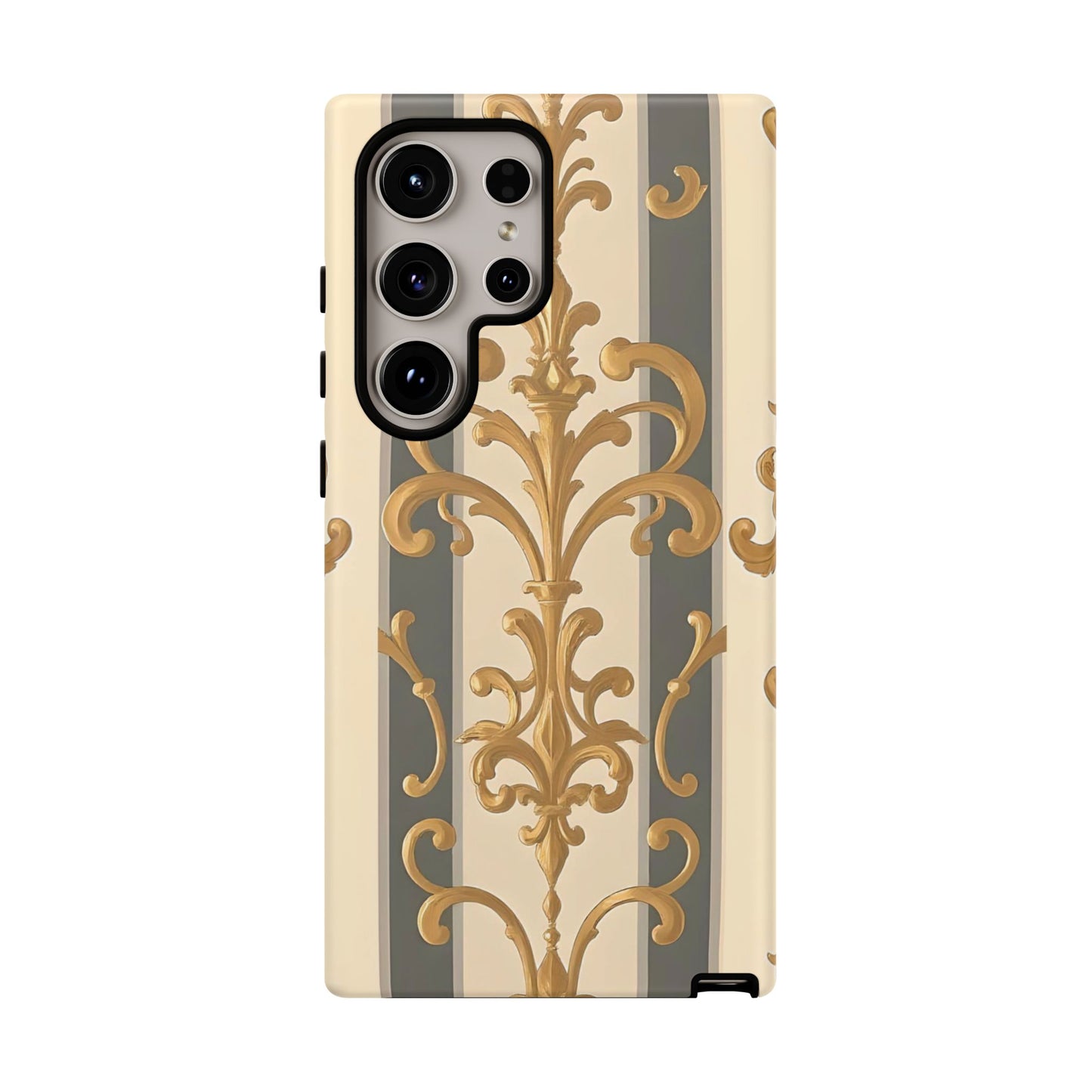 Elegant Floral Motif Phone Case - Tough Cases with Vintage Design - Dusk Olive Striped Gold Damask